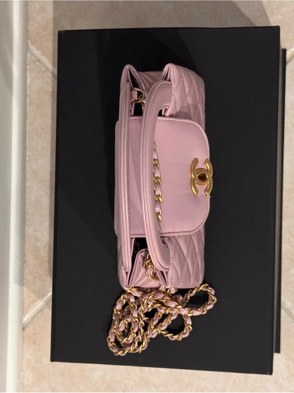 CHANEL Pink Quilted Top-Handle Mini Bag with Gold Chain
